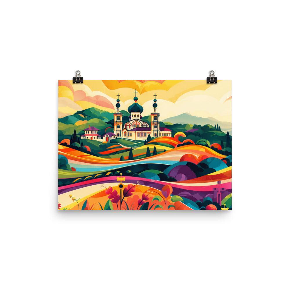 Moldova Colorful Rolling Hills with Orthodox Church Poster - Oh Posters