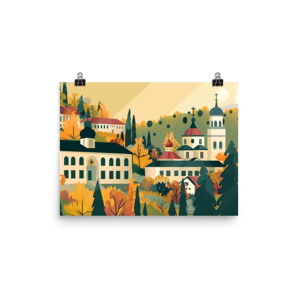 Moldova Serene Monastery in Lush Autumn Forest Poster - Oh Posters