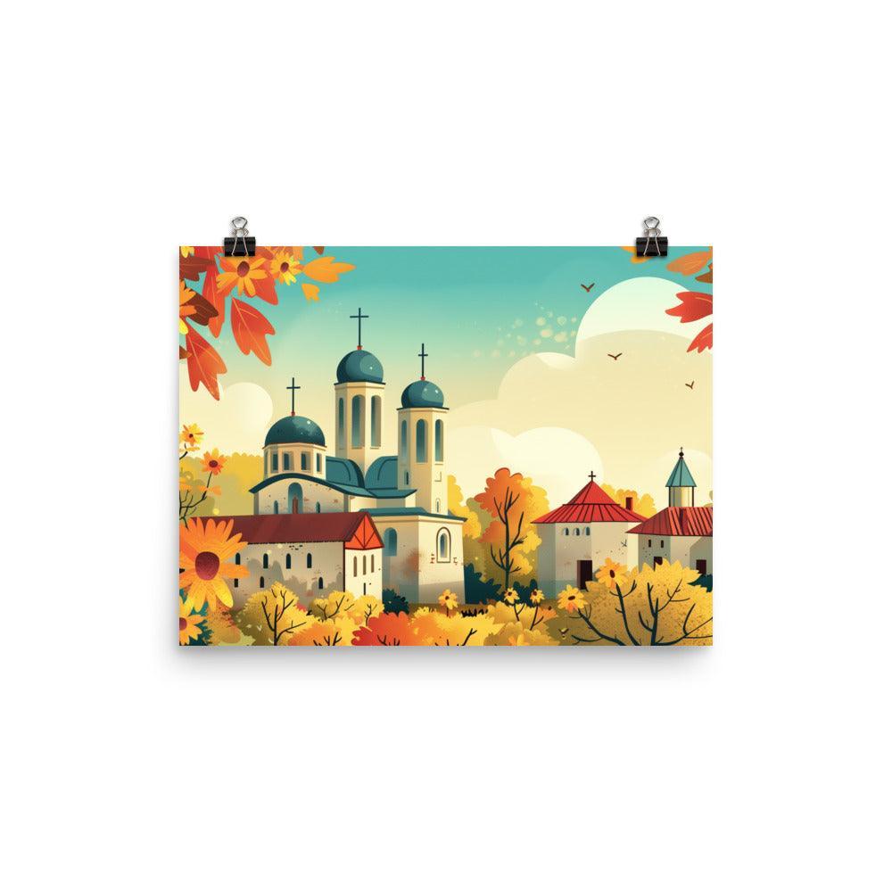 Moldova Tranquil Orthodox Church in Flowering Countryside Poster - Oh Posters