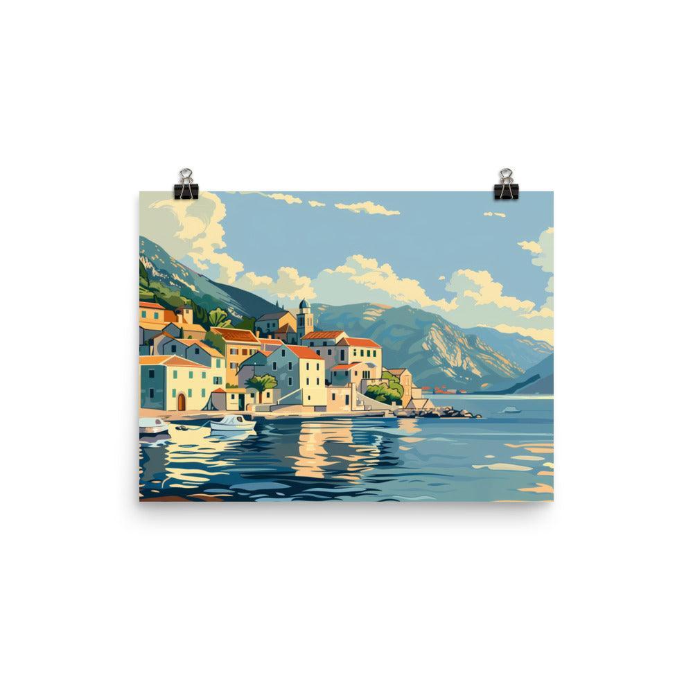 Montenegro Seaside Village Boats Mountain View Poster - Oh Posters