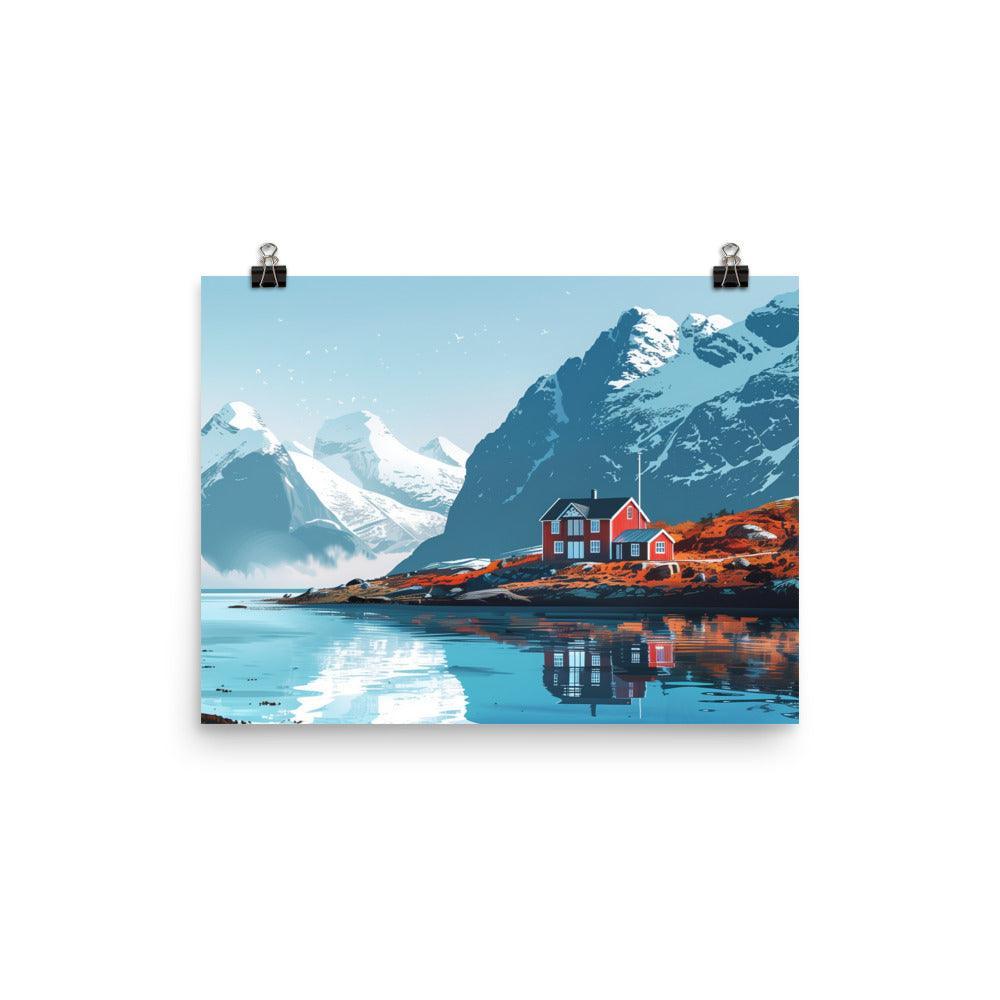 Norway Fjordside Cottage in Snowy Mountains Poster - Oh Posters