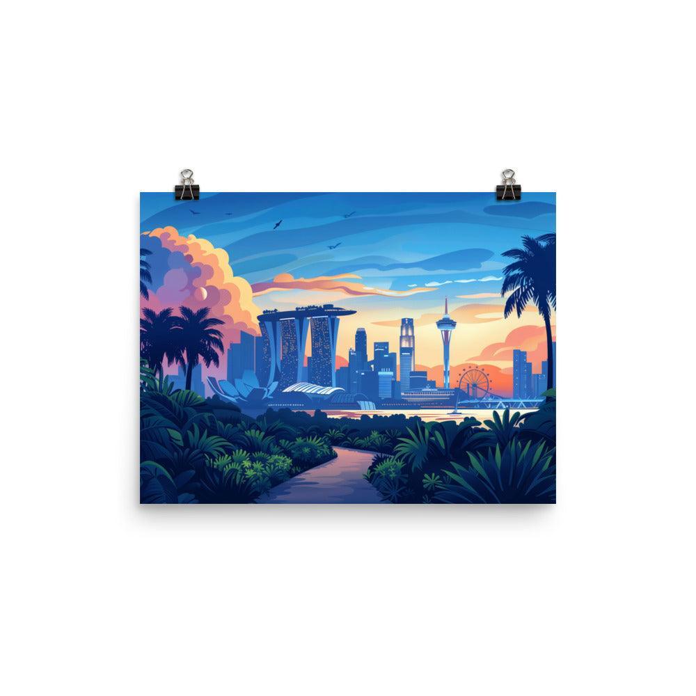 Singapore Iconic Cityscape Tropical Twilight Poster - Oh Posters