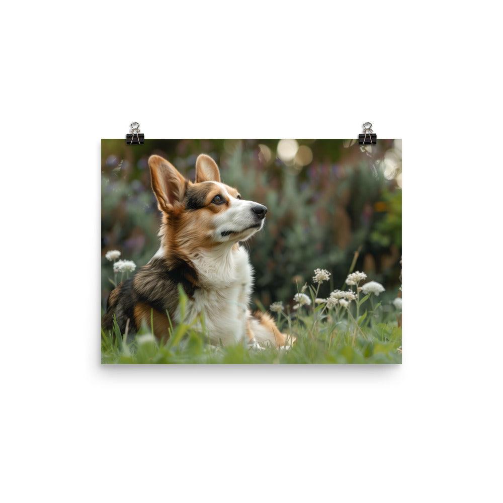 Cardigan Welsh Corgi in Flower Field Photograph Poster - Oh Posters