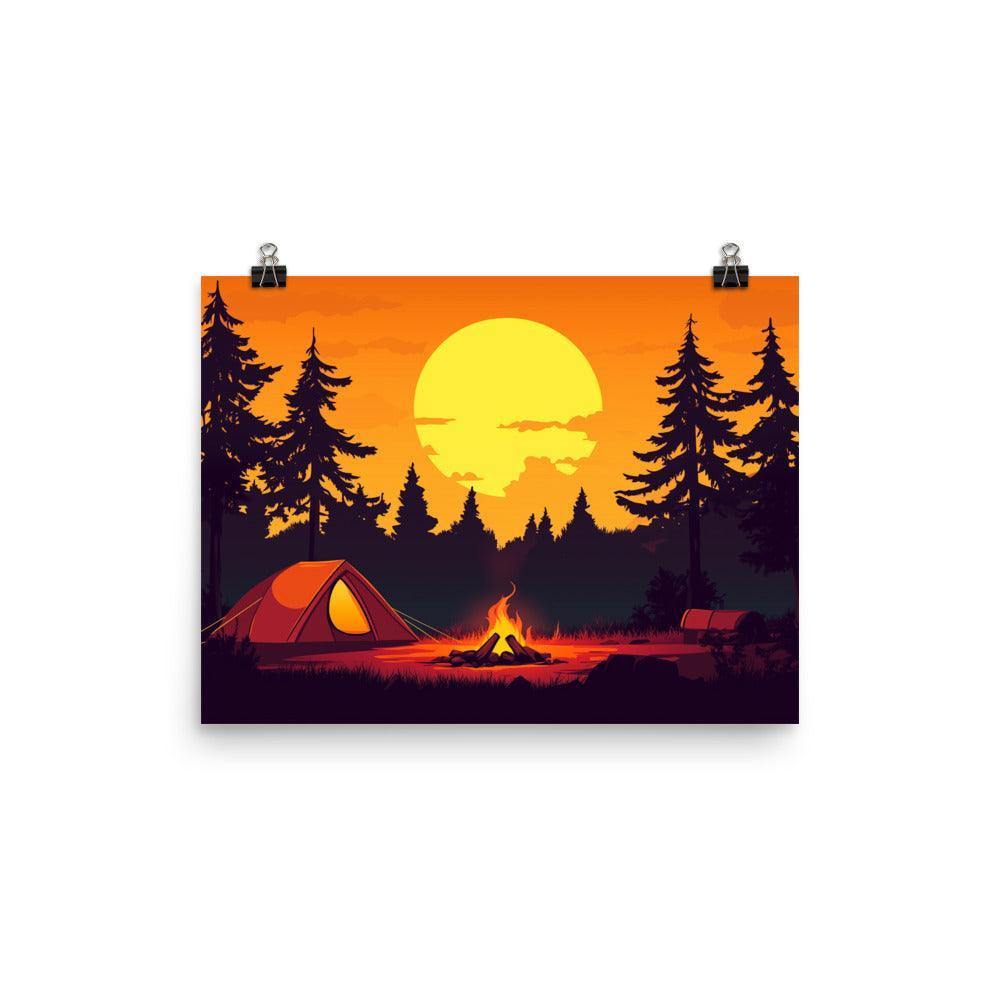 Forest Campfire Under Sunset Adventure Illustration Art Poster - Oh Posters