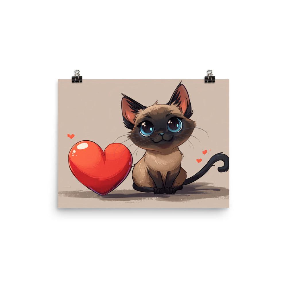 Cute Siamese Cat Cartoon Love Heart Illustration Poster - Oh Posters