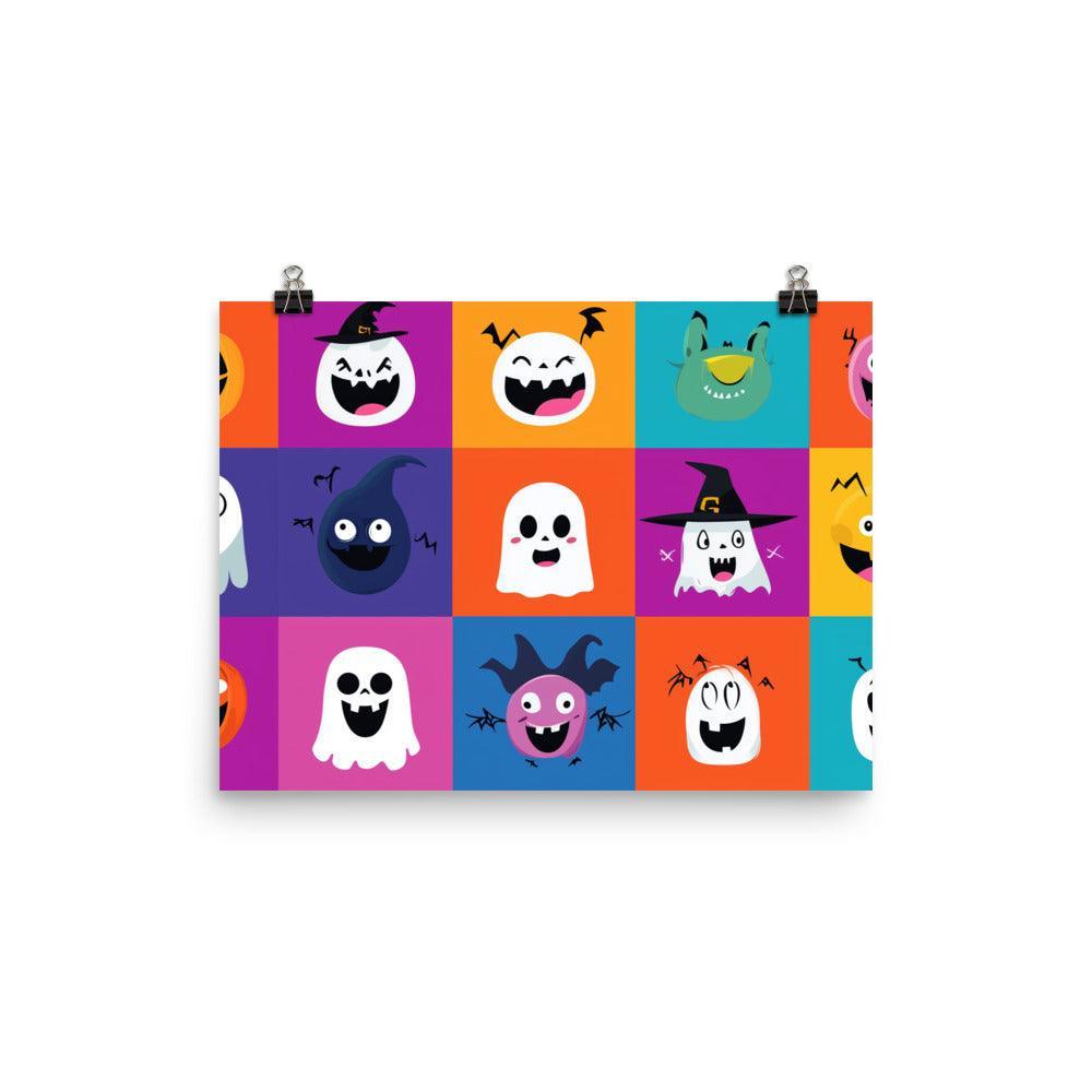 Halloween Cartoon Character Faces with Colorful Backgrounds Poster - Oh Posters