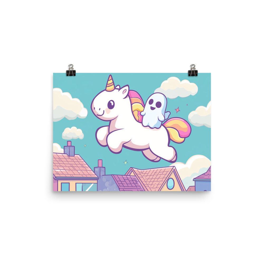 Kawaii Unicorn and Ghost Floating Above Colorful Town Digital Art Poster - Oh Posters