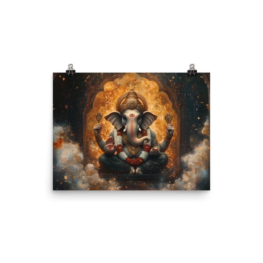 Ganesh in a Golden Temple with Flames Ethereal Artwork Poster - Oh Posters