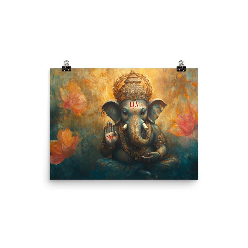 Ganesh Spiritual Art with Lotus Flowers Mystical Painting Poster - Oh Posters