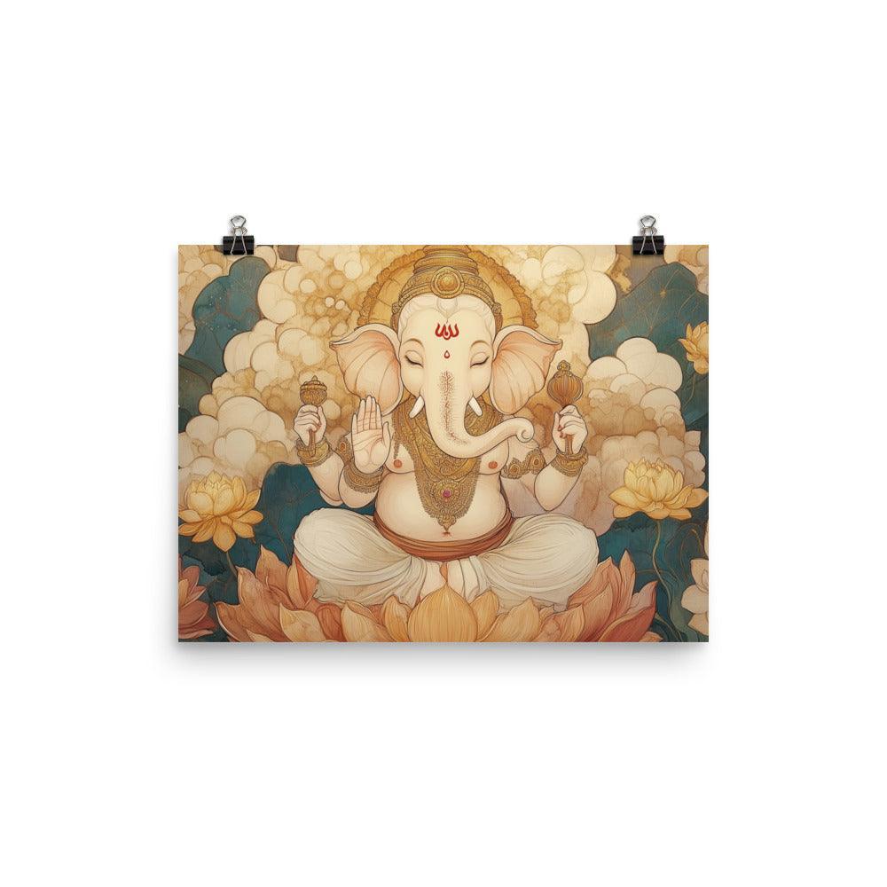 Ganesh Surrounded by Lotus Flowers Ethereal Watercolor Art Poster - Oh Posters