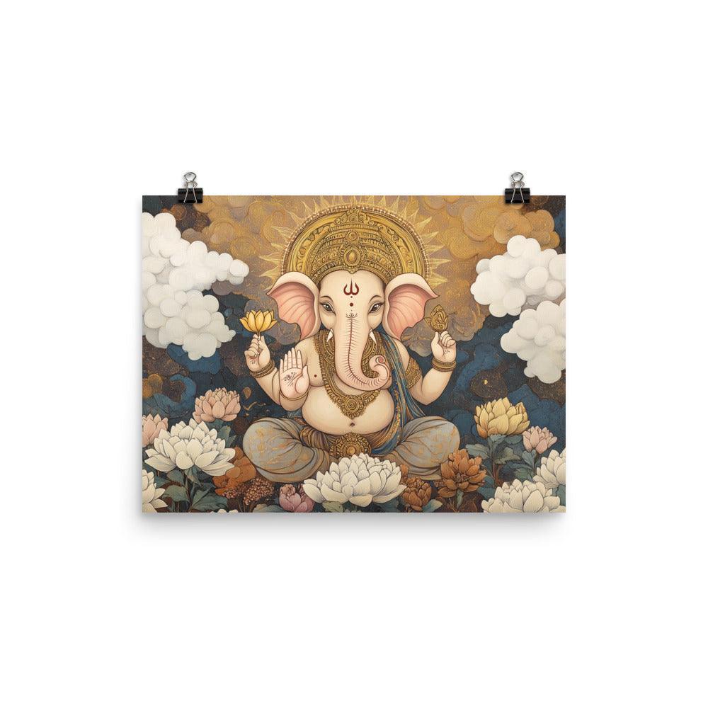 Ganesh with Lotus and Clouds Serene Indian Mythological Art Poster - Oh Posters