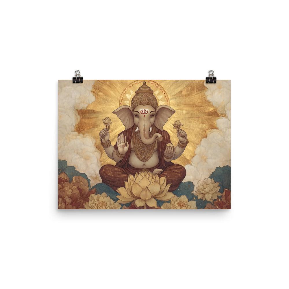 Golden Ganesh with Lotus Blossoms Peaceful Spiritual Artwork Poster - Oh Posters