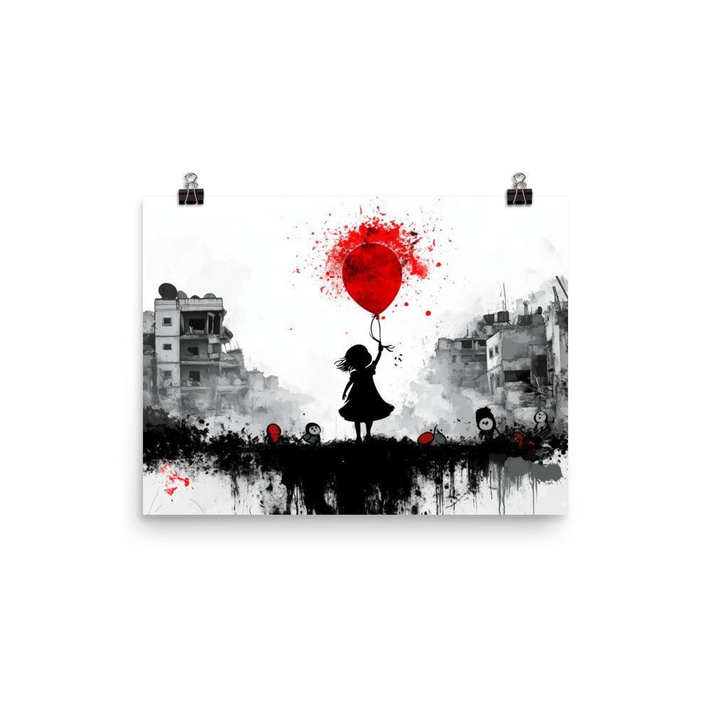 Girl with Red Balloon Amidst Urban Destruction Palestine Poster - Oh Posters