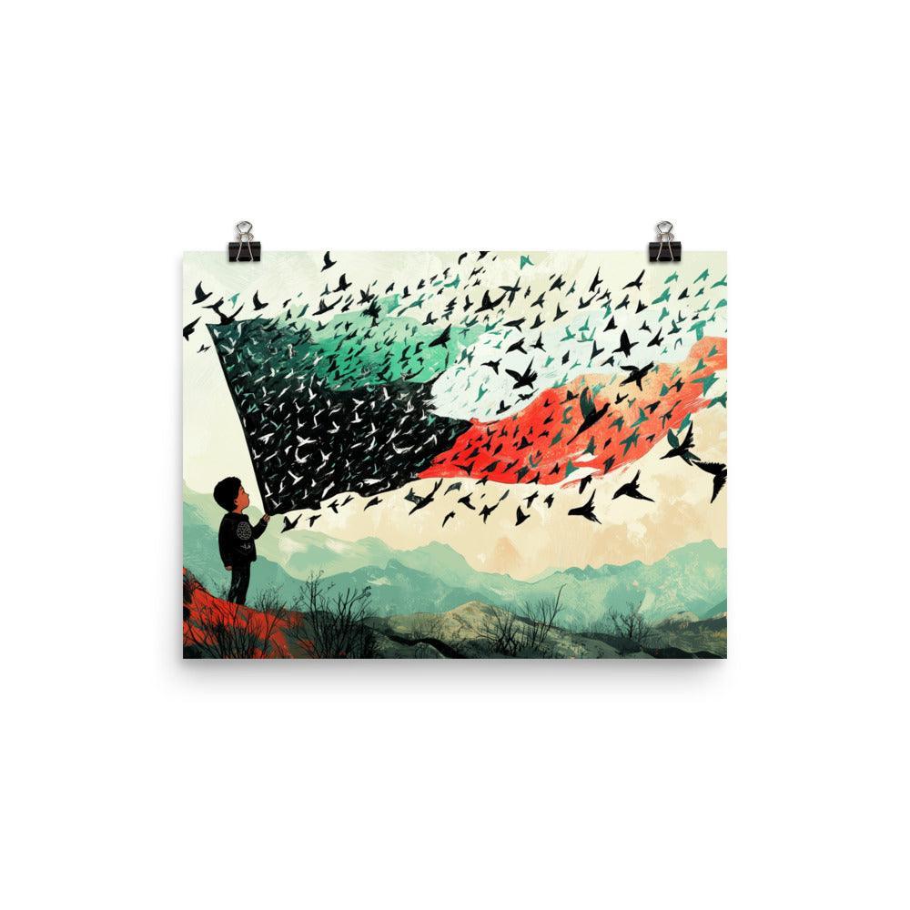 Child Holding Palestinian Flag Birds Flying Illustration Poster - Oh Posters