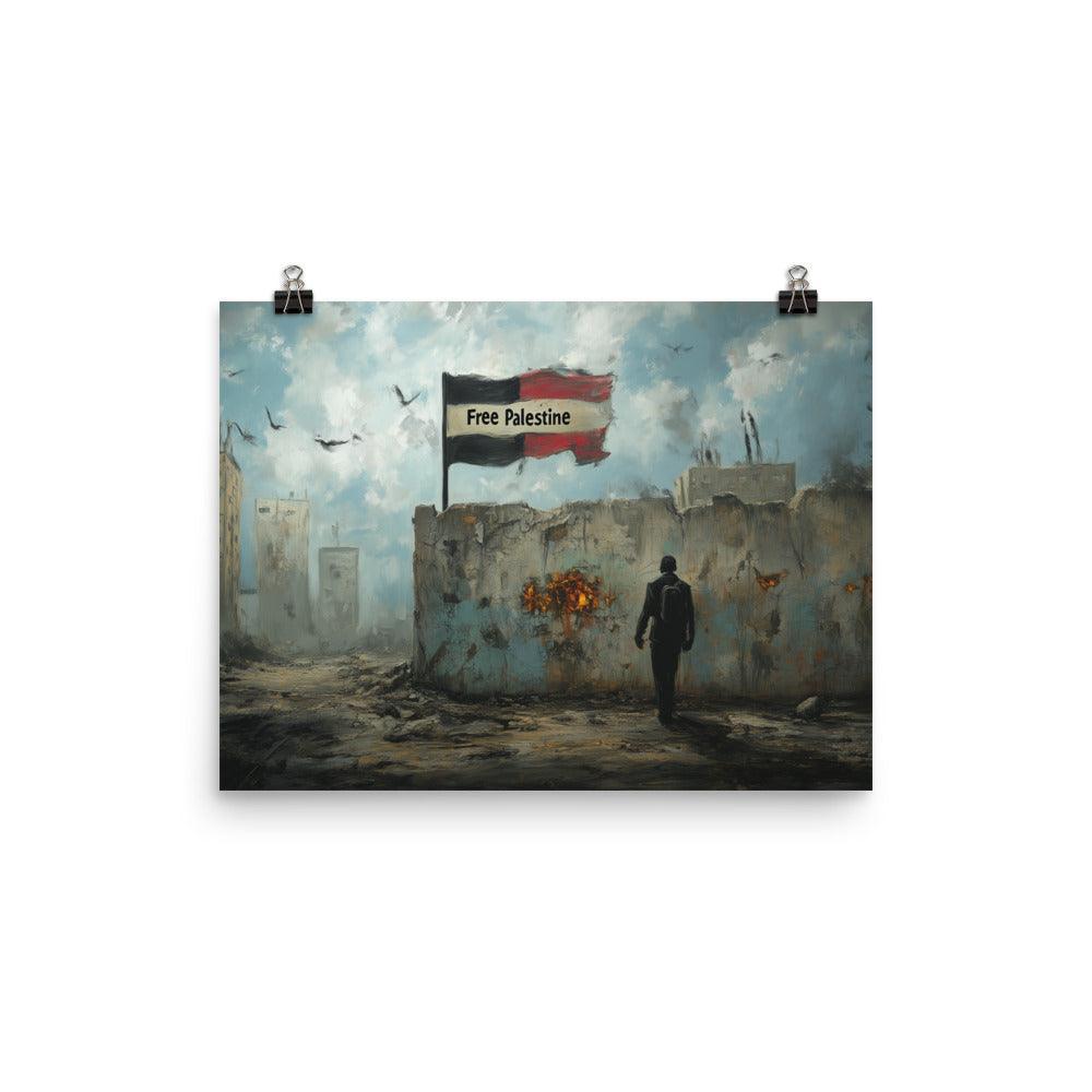 Free Palestine Flag in War-Torn Cityscape Poster - Oh Posters