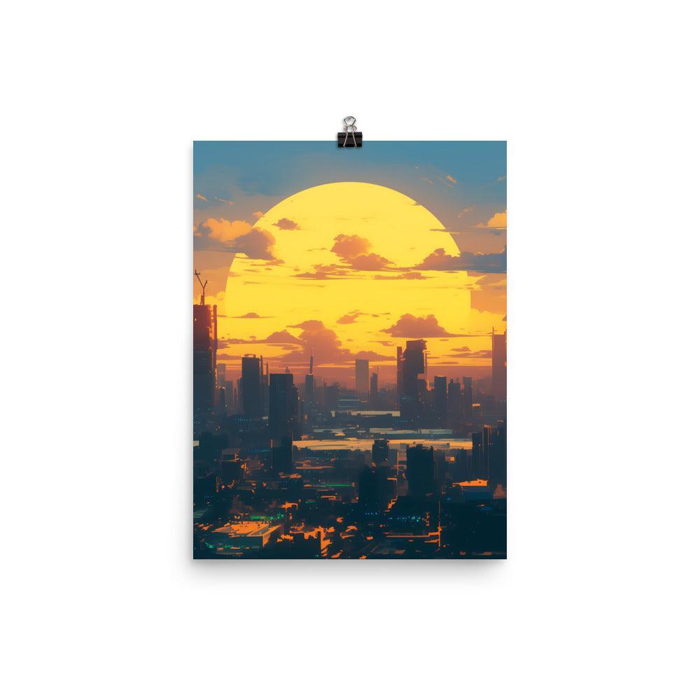 Futuristic Cityscape at Sunrise with Giant Sun and Towering Skyscrapers Digital Art Poster - Oh Posters