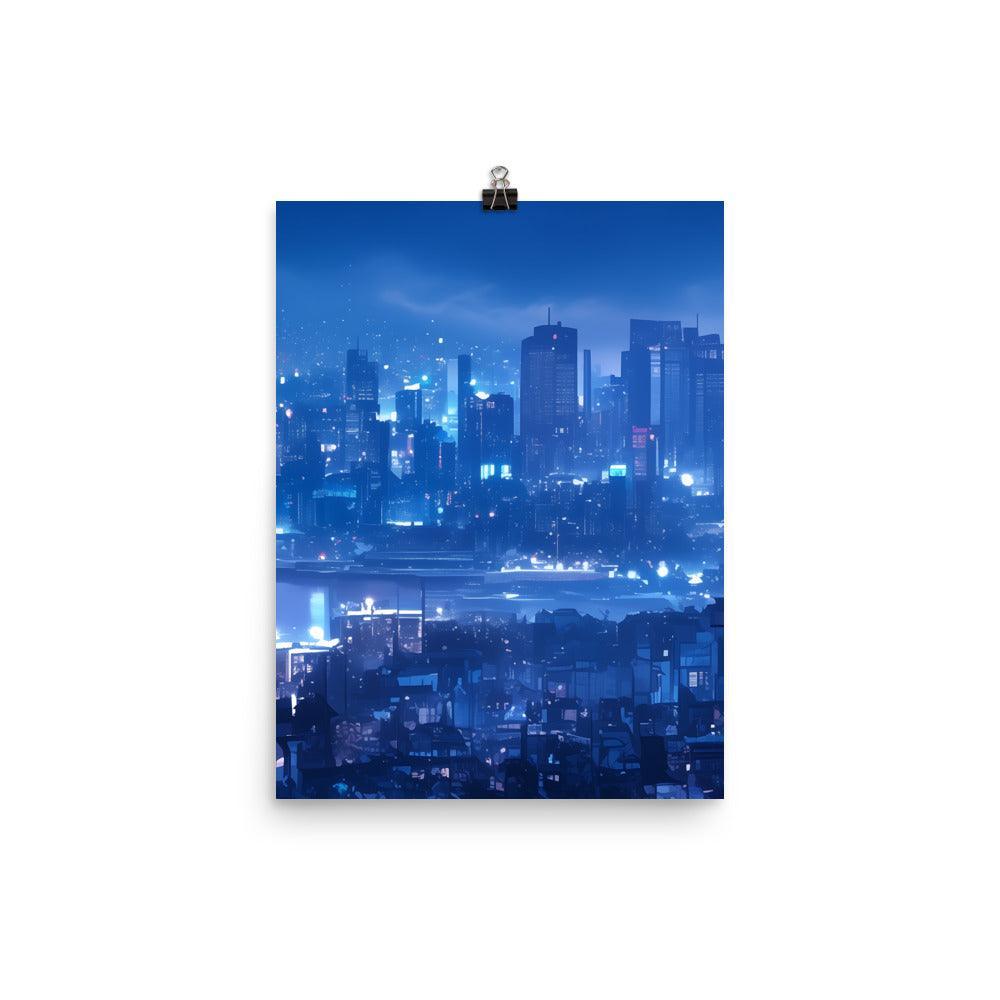 Futuristic Blue Cityscape with Neon Signs and Modern Architecture Art Poster - Oh Posters