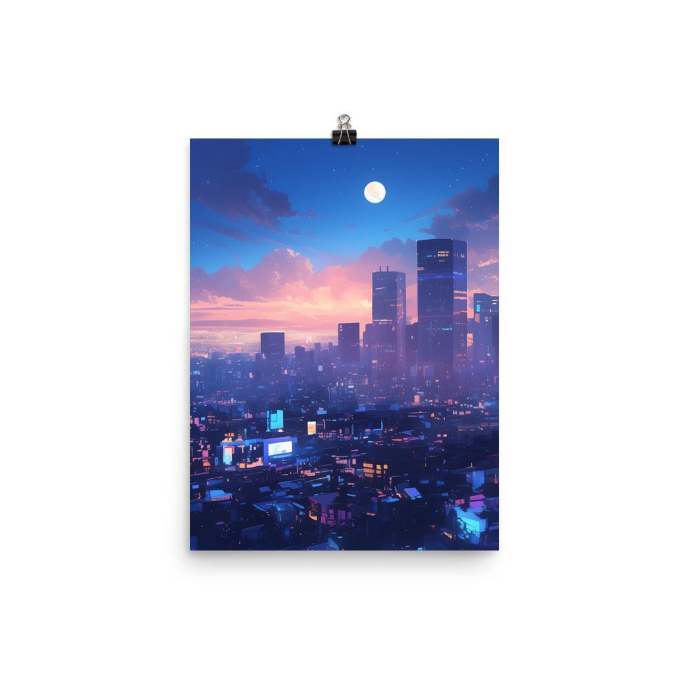 Illuminated City Skyline at Twilight with Full Moon and Vibrant Colors Art Poster - Oh Posters