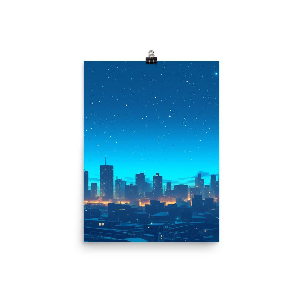 Starry Night Over City with Skyline Lights Calm Blue Atmosphere Art Poster - Oh Posters