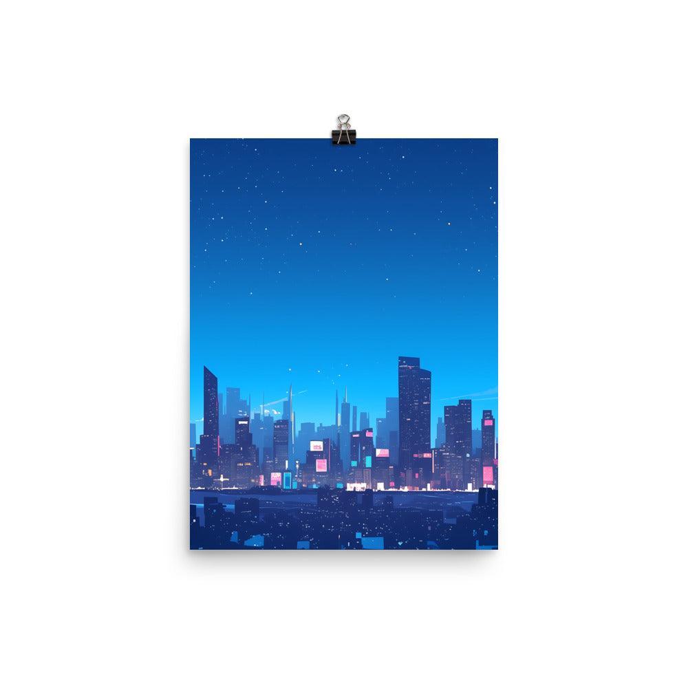 Bright City Skyline with Stars and Reflections Clean Digital Illustration Poster - Oh Posters