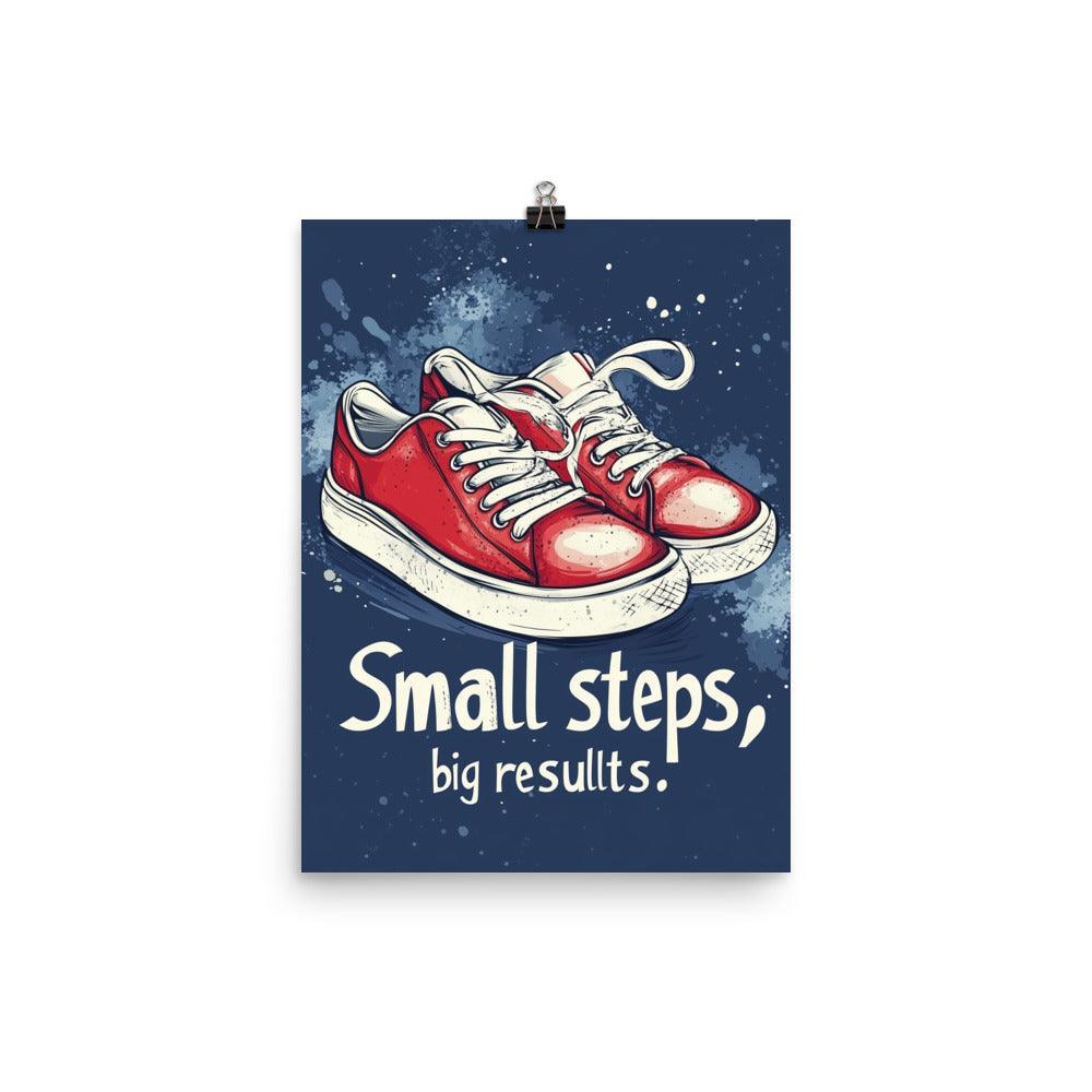 Small Steps Big Results Red Sneakers on Blue Background Poster - Oh Posters