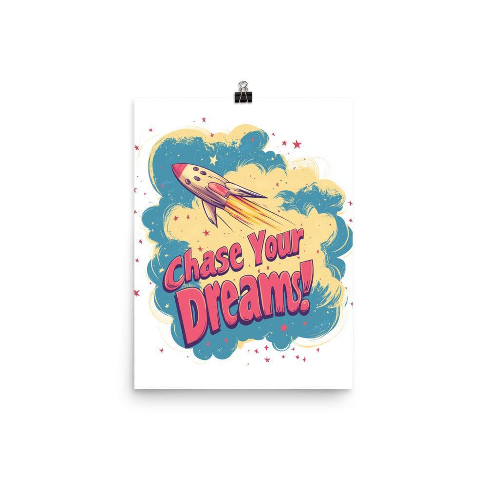 Chase Your Dreams Retro Rocket Design with Stars and Clouds Poster - Oh Posters