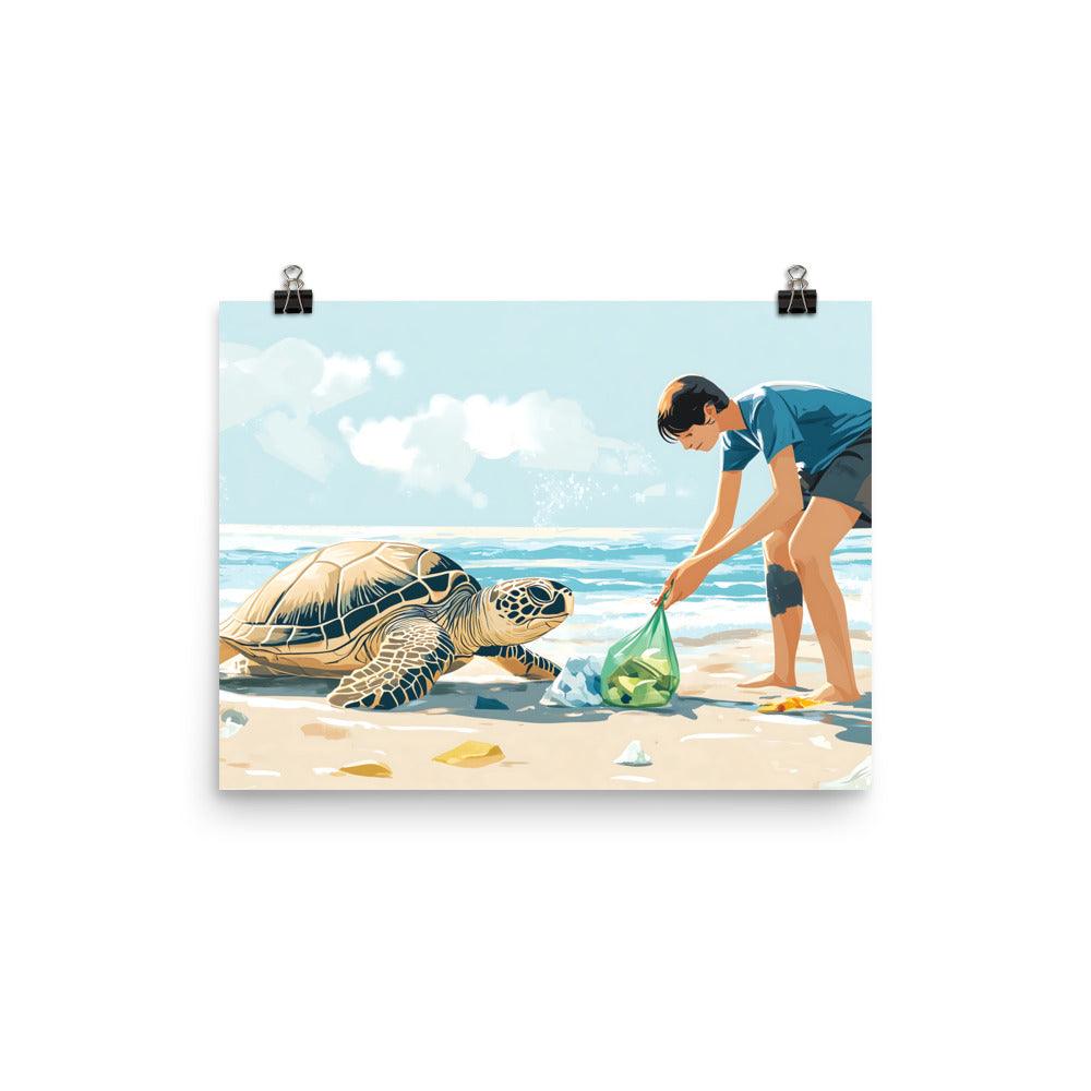 Beach Cleanup Turtle Teamwork Protecting Ocean Wildlife Together Poster - Oh Posters