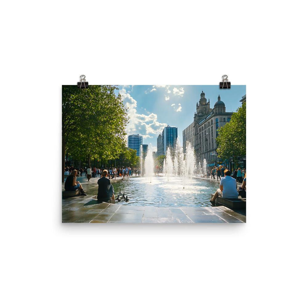 Manchester Skyline Urban Relaxation with Fountain and City Vibes Poster - Oh Posters