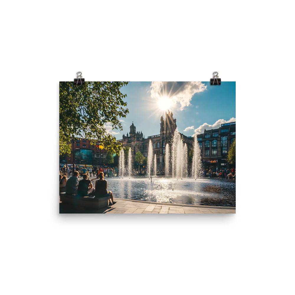 Manchester Cityscape Sunlit Fountains Afternoon Poster - Oh Posters