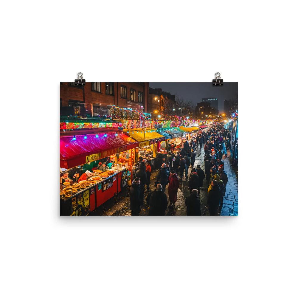 Vibrant Manchester Night Market Scene Poster - Oh Posters