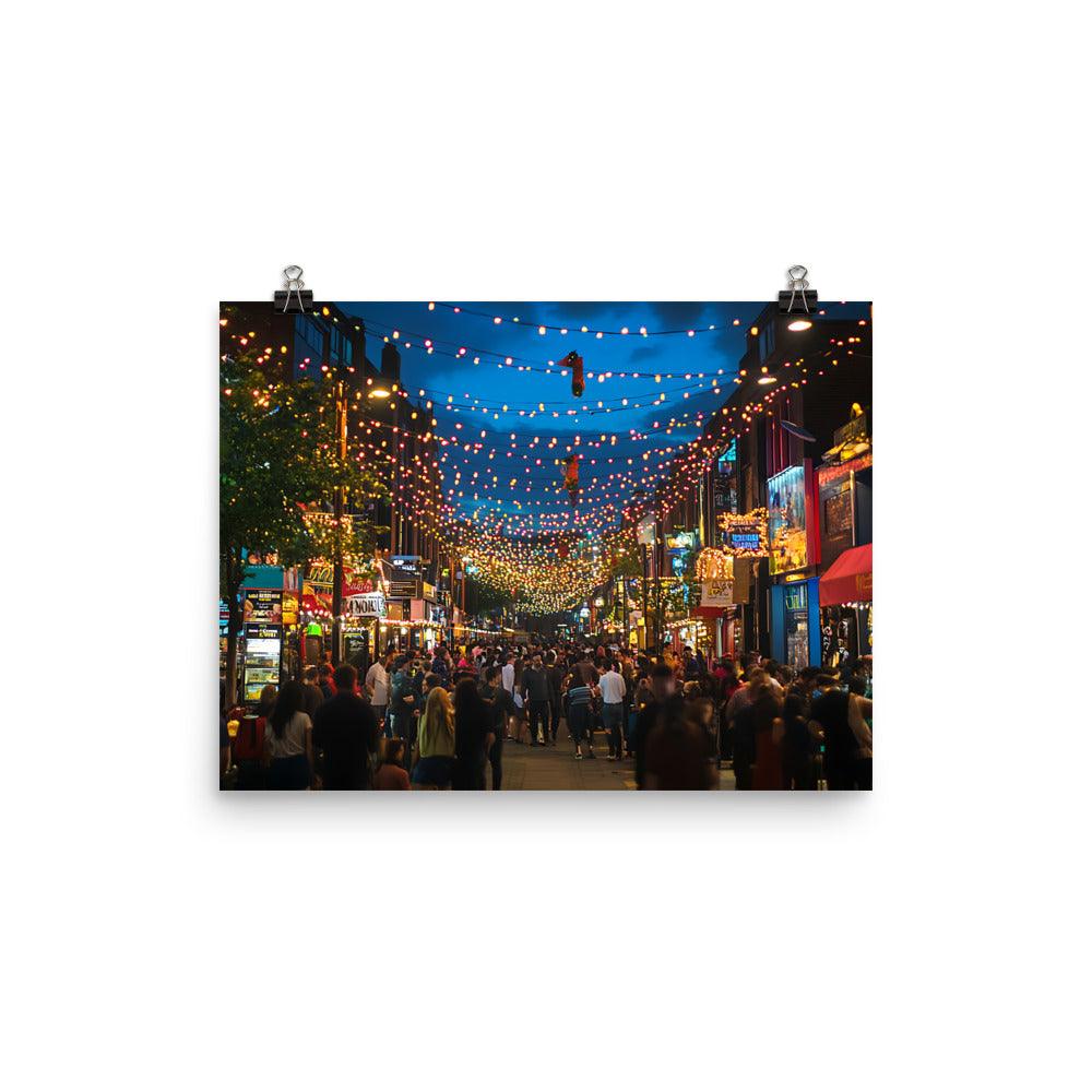 Manchester City Nightlife Street View with Festive Lights Poster - Oh Posters