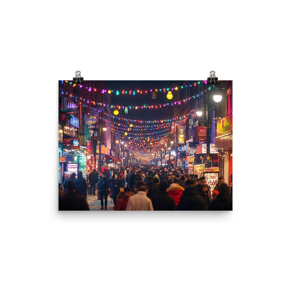 Manchester Nightlife Vibrant Streets Lights and Crowds Poster - Oh Posters