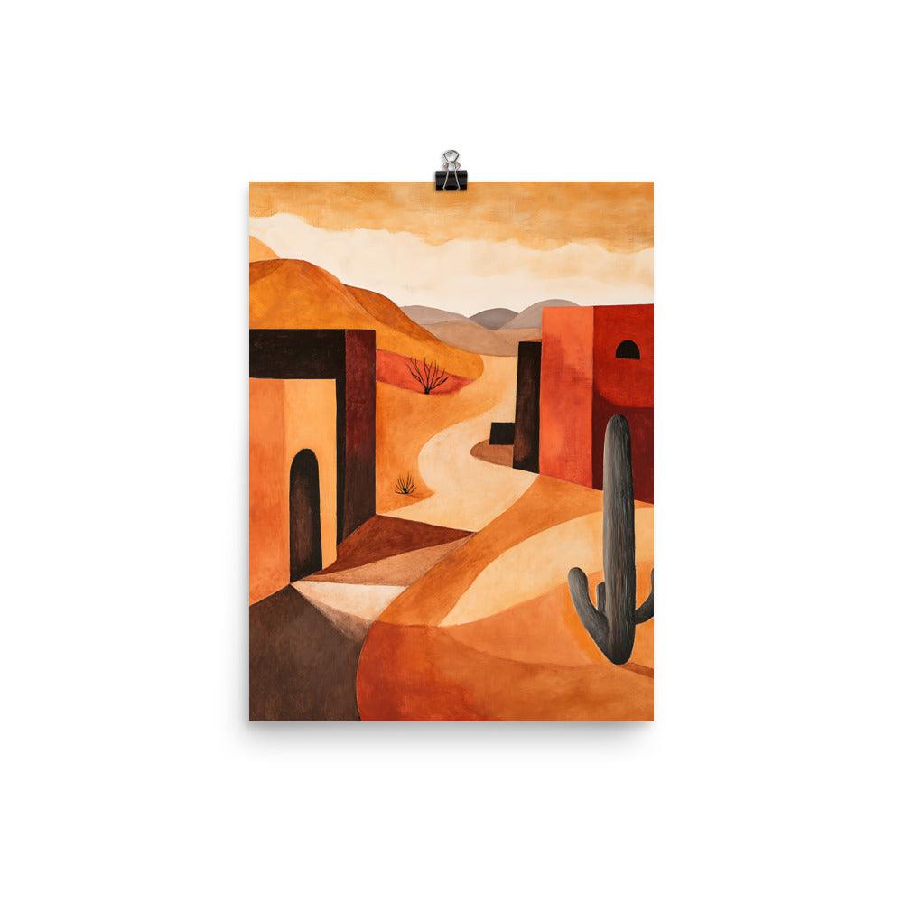 Boho Desert Landscape with Cactus and Adobe Houses Poster - Oh Posters