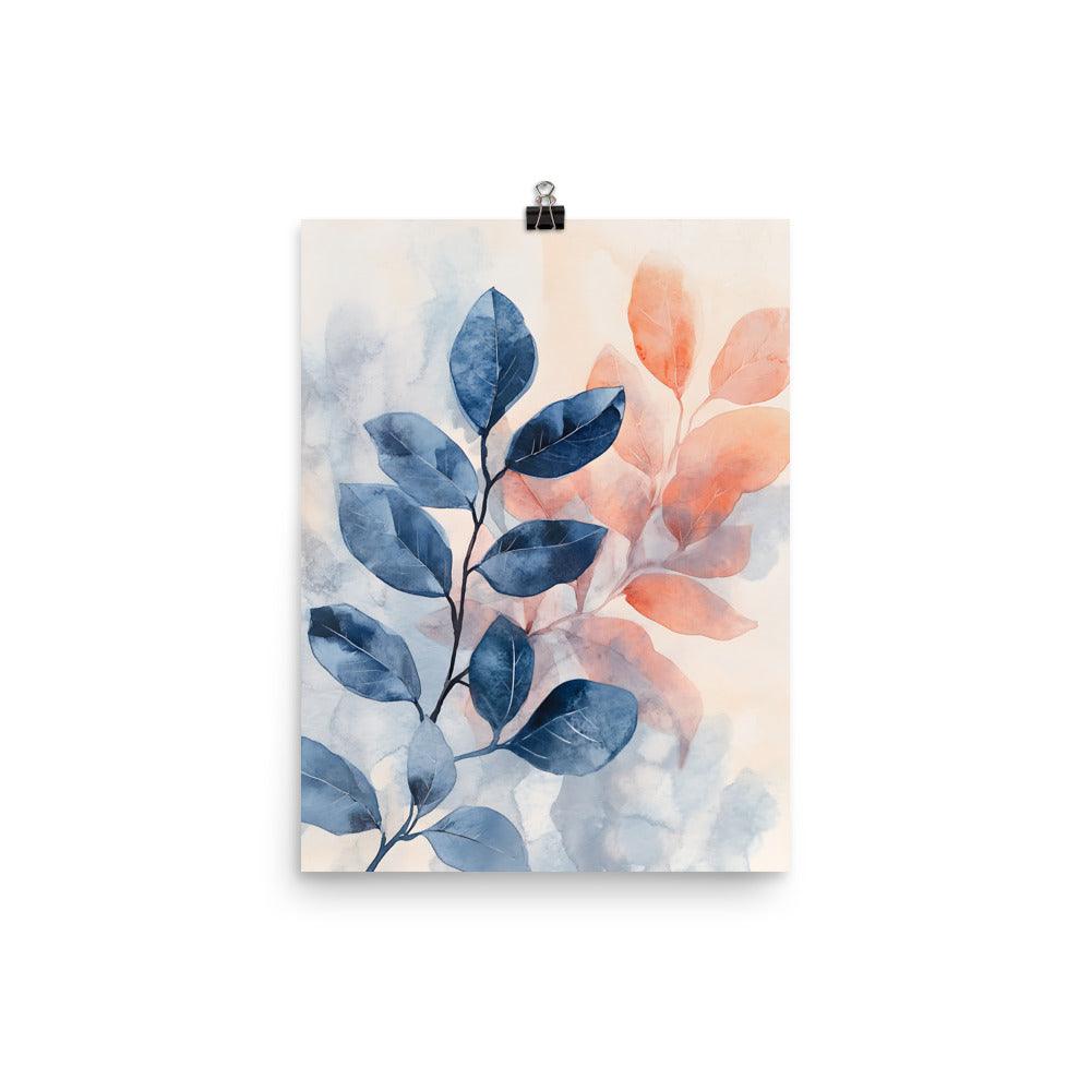 Boho Watercolor Leaves Serenity in Blue and Coral for Nature Lovers Poster - Oh Posters