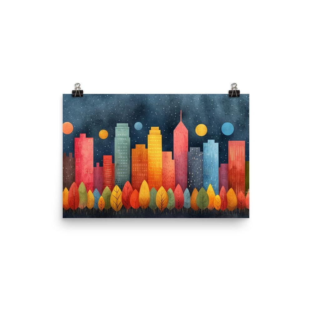 Colorful City Skyline with Night Sky Drawing Style Poster - Oh Posters