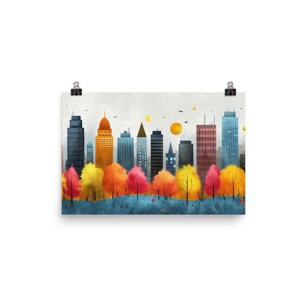 Colorful City Skyline with Cloudy Sky Drawing Style Poster - Oh Posters