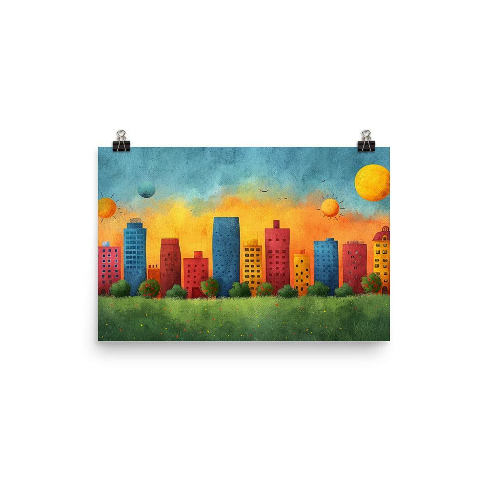 Colorful Urban City Skyline with Sunny Sky Drawing Style Poster - Oh Posters