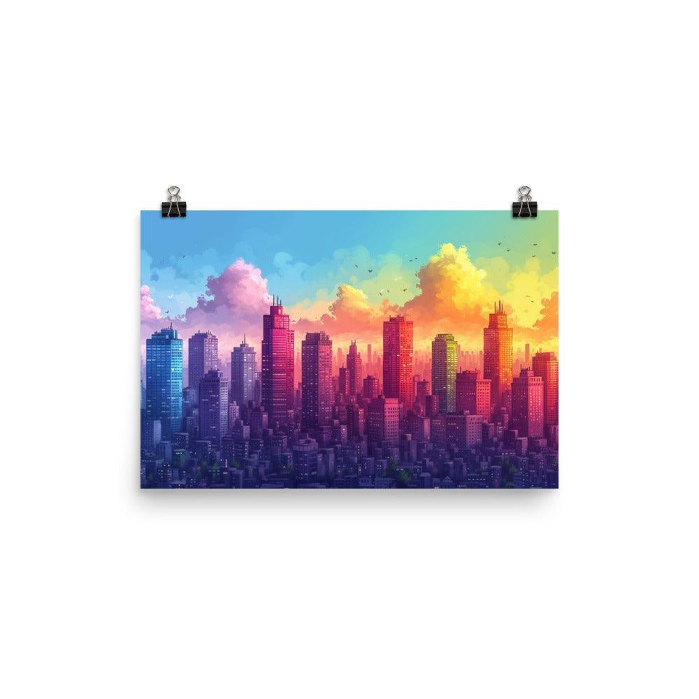 Colorful Mega City Skyline with Sunrise Sky Drawing Style Poster - Oh Posters