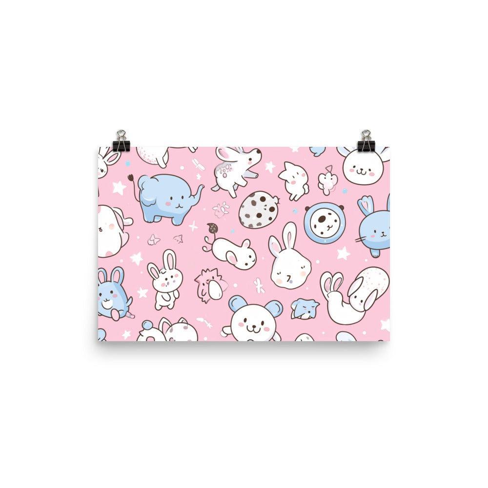 Kawaii Animals Characters Pattern on Pink Background Poster - Oh Posters