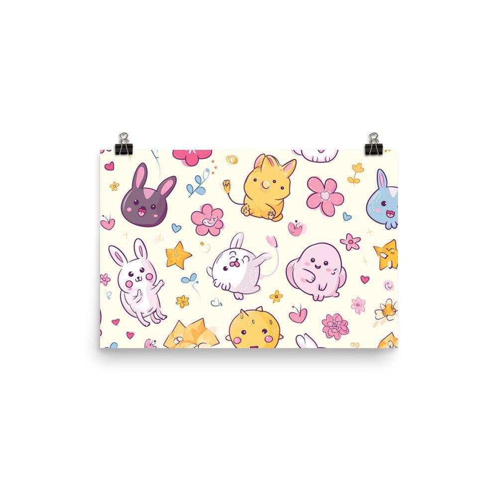 Kawaii Abstract Animals and Flowers on Pastel Wonderland Poster - Oh Posters