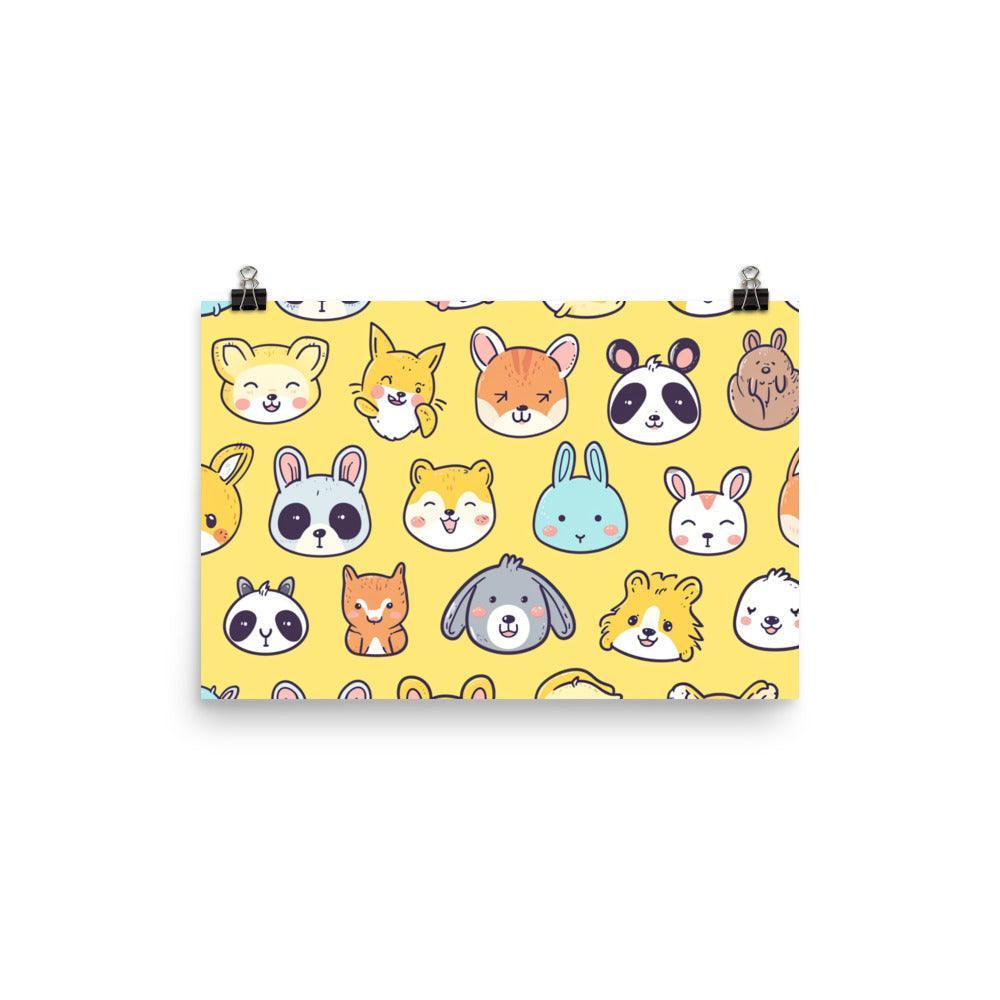 Kawaii Animal Faces Cute and Colorful Collection on Yellow Poster - Oh Posters