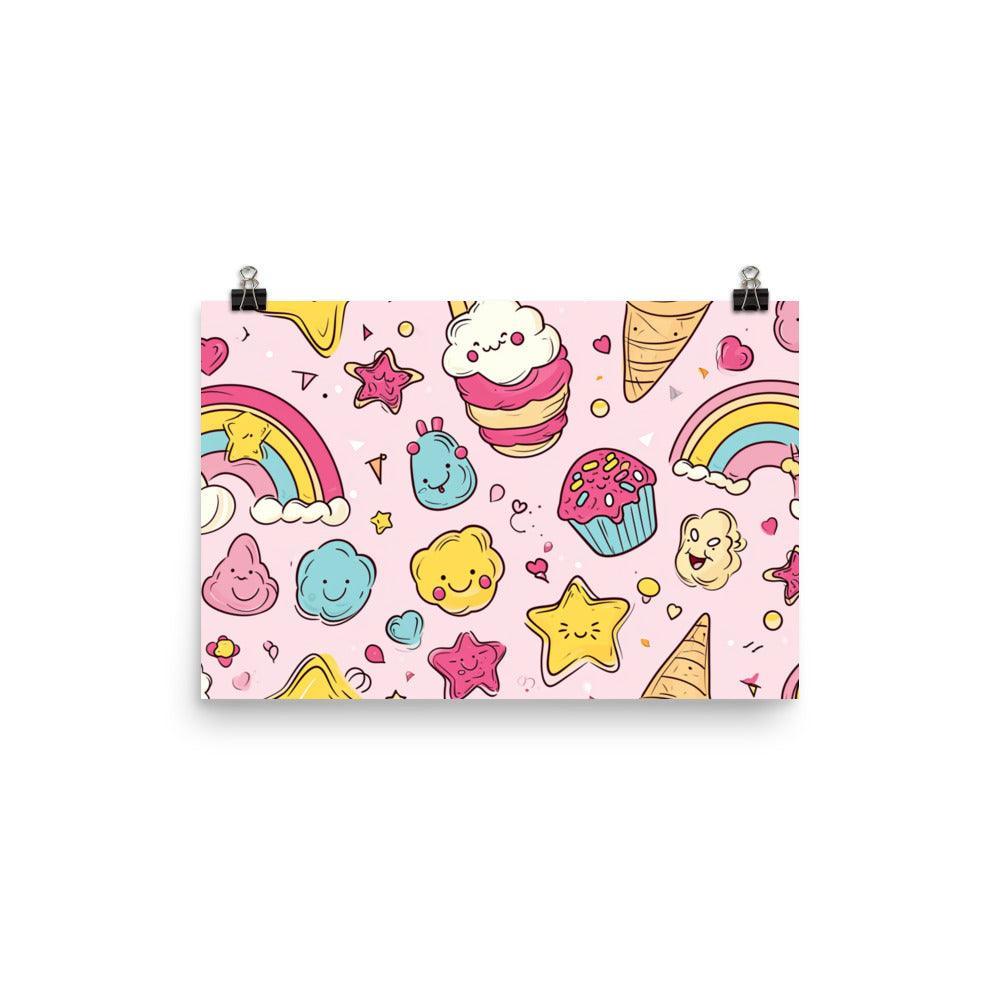 Kawaii Sweet Treats and Rainbows Pattern Cute Illustration on Pink Poster - Oh Posters