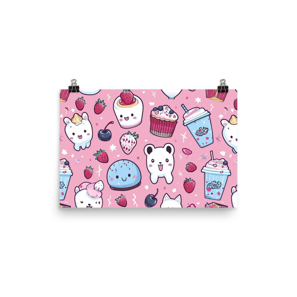 Kawaii Desserts and Beverages Adorable Characters Pattern on Pink Poster - Oh Posters