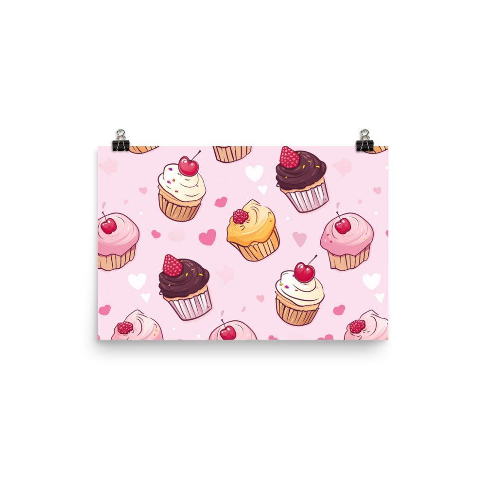 Kawaii Cute Cupcakes with Hearts Pattern on Pink Poster - Oh Posters