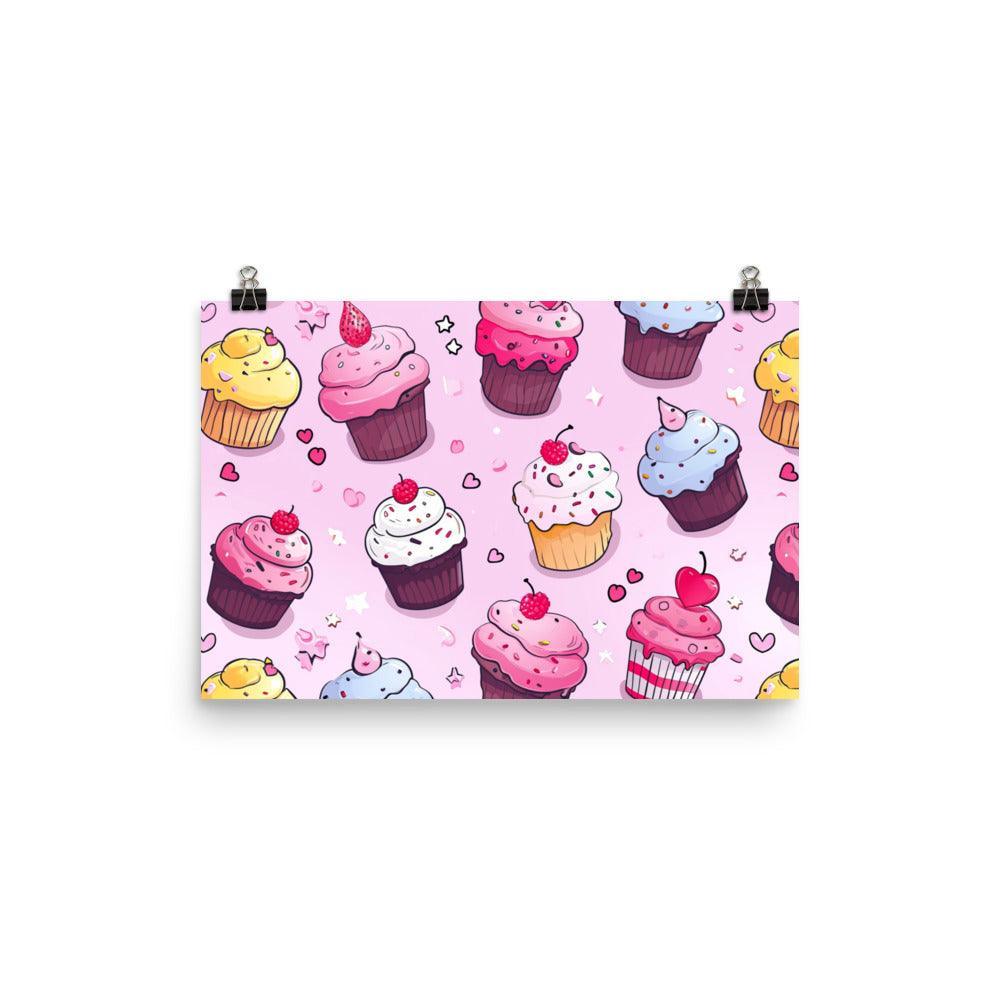 Delightful Kawaii Cupcakes with Sprinkles and Hearts Pattern on Pink Poster - Oh Posters