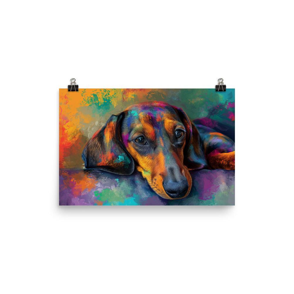 Smooth-Haired Dachshund on Colorful Abstract Art Background Poster - Oh Posters