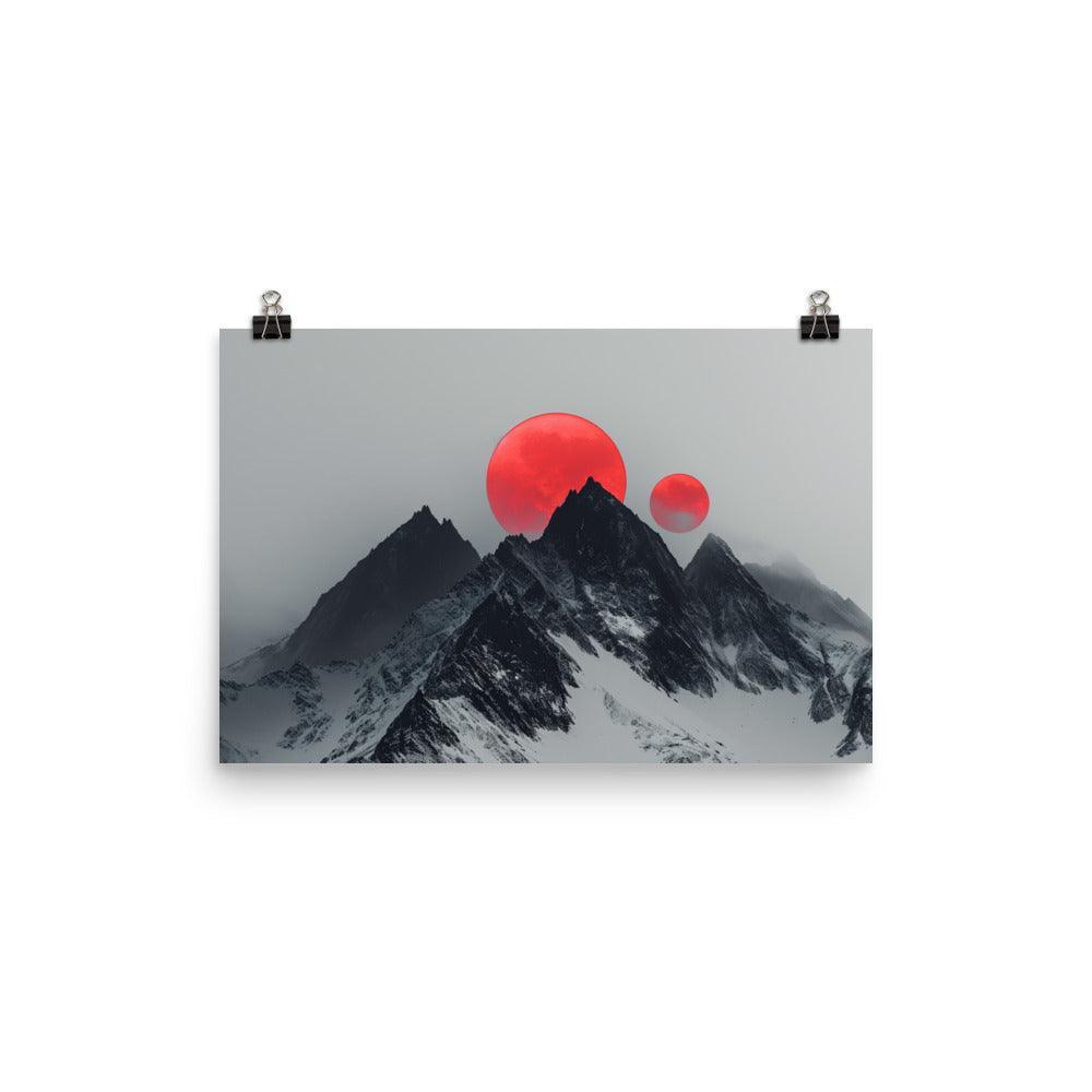 Extraterrestrial Red Moons Over Snowy Mountains Surreal Art Poster - Oh Posters