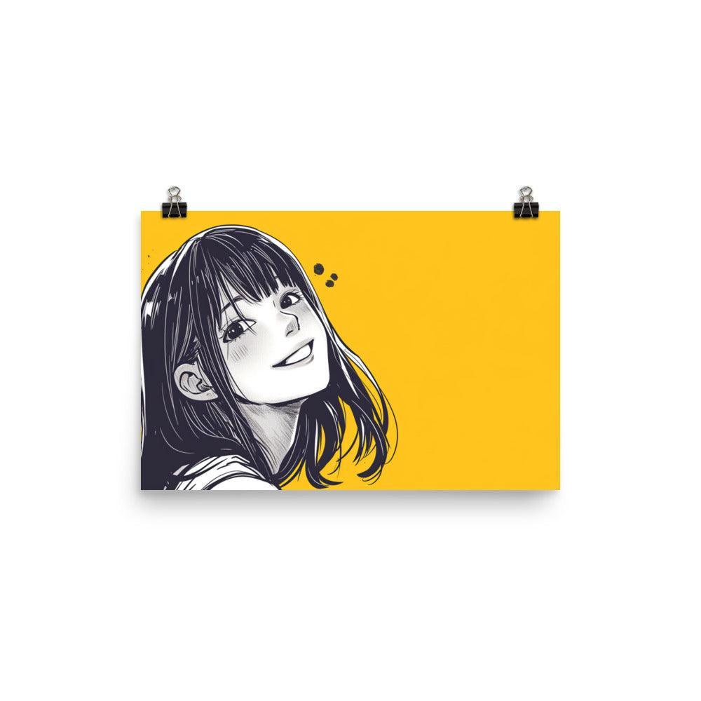 Cheerful Manga Girl Monochrome Portrait Yellow Background Poster - Oh Posters