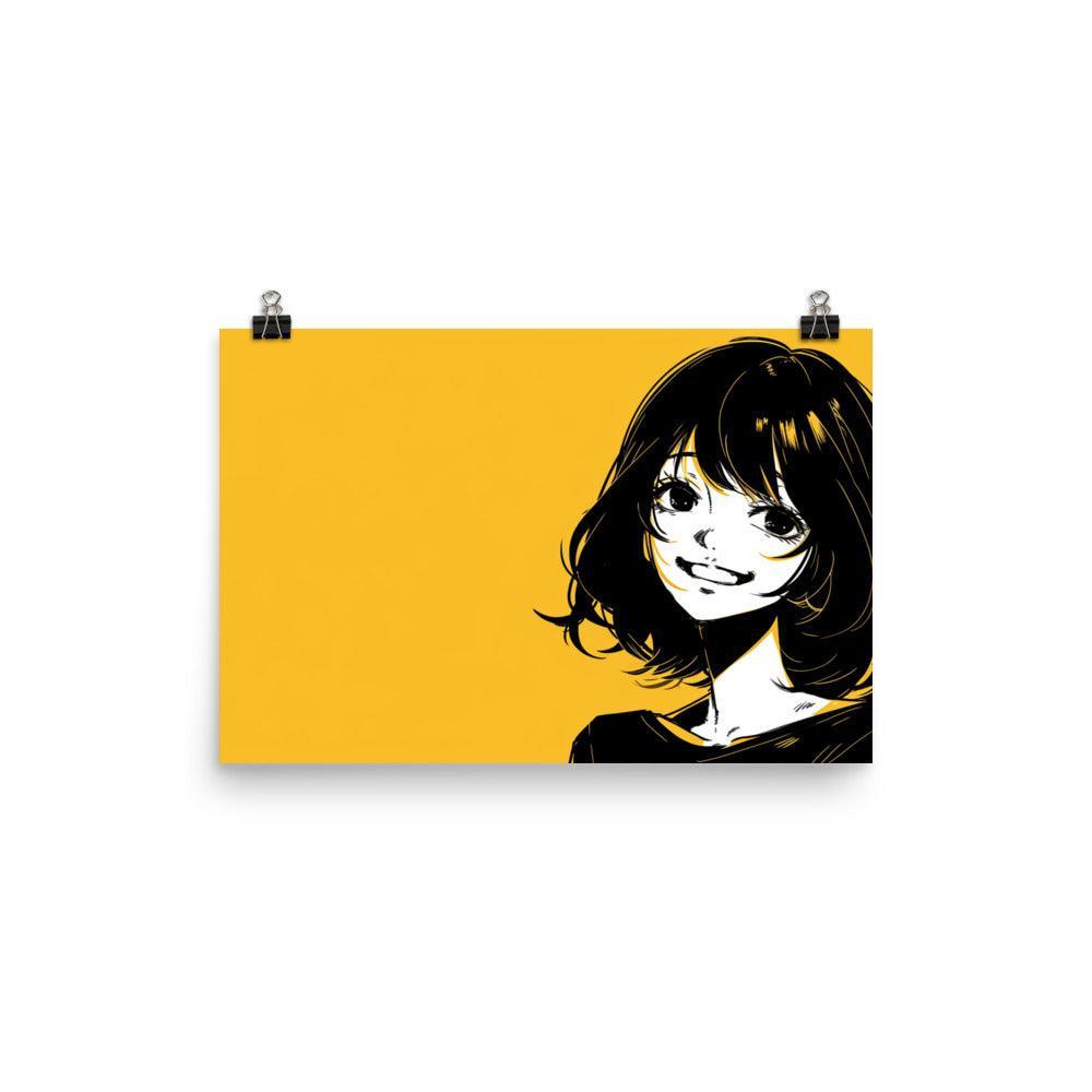 Japanese Manga Style Girl with Bob Cut Smiling Yellow Background Poster - Oh Posters