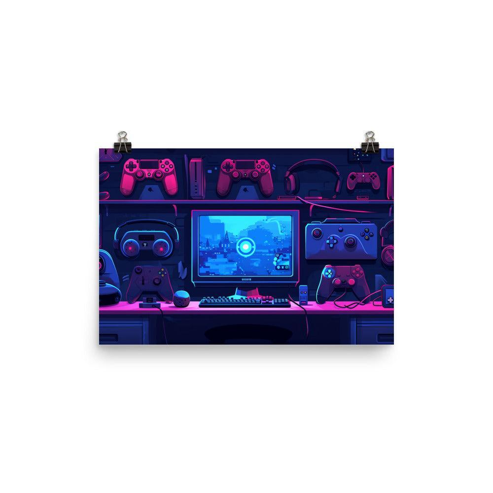 Gaming Setup Neon Glow Digital Art Poster - Oh Posters